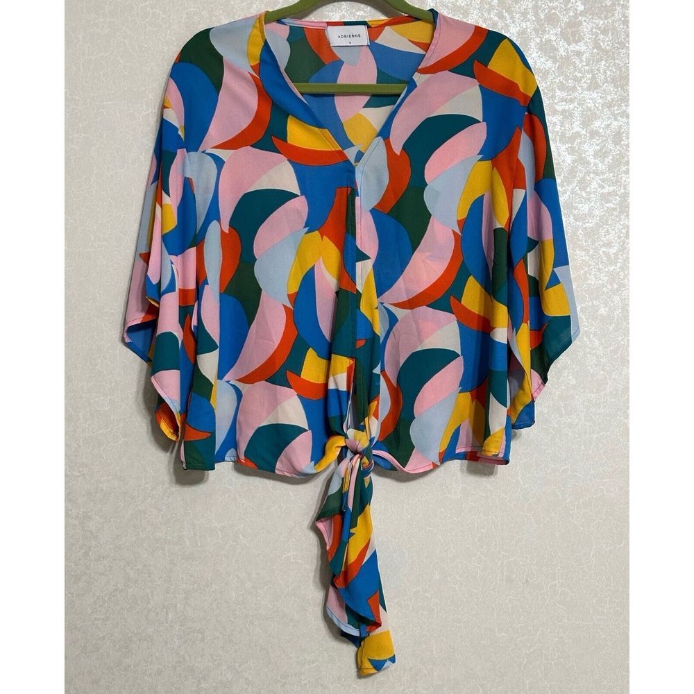 Adrienne Multicolored Tie Top V-neck Short Sleeve Abstract Print Blouse S